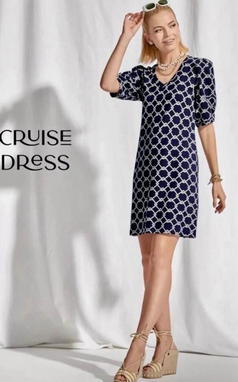 CAbi Cruise Dress 6219 Nautical Rope Puff Sleeves Navy Size S Coastal Preppy